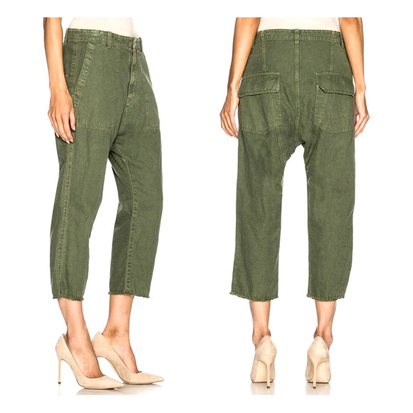 Nili Lotan 00 Slouchy Linen $380 Luna Pants Drop Crotch Cropped Army Green 0 2 4 - Picture 7 of 11